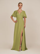 KissDress-Zorina Moss Green Sheath Chiffon Cap Sleeves V Neck Long Bridesmaid Dress with Slit