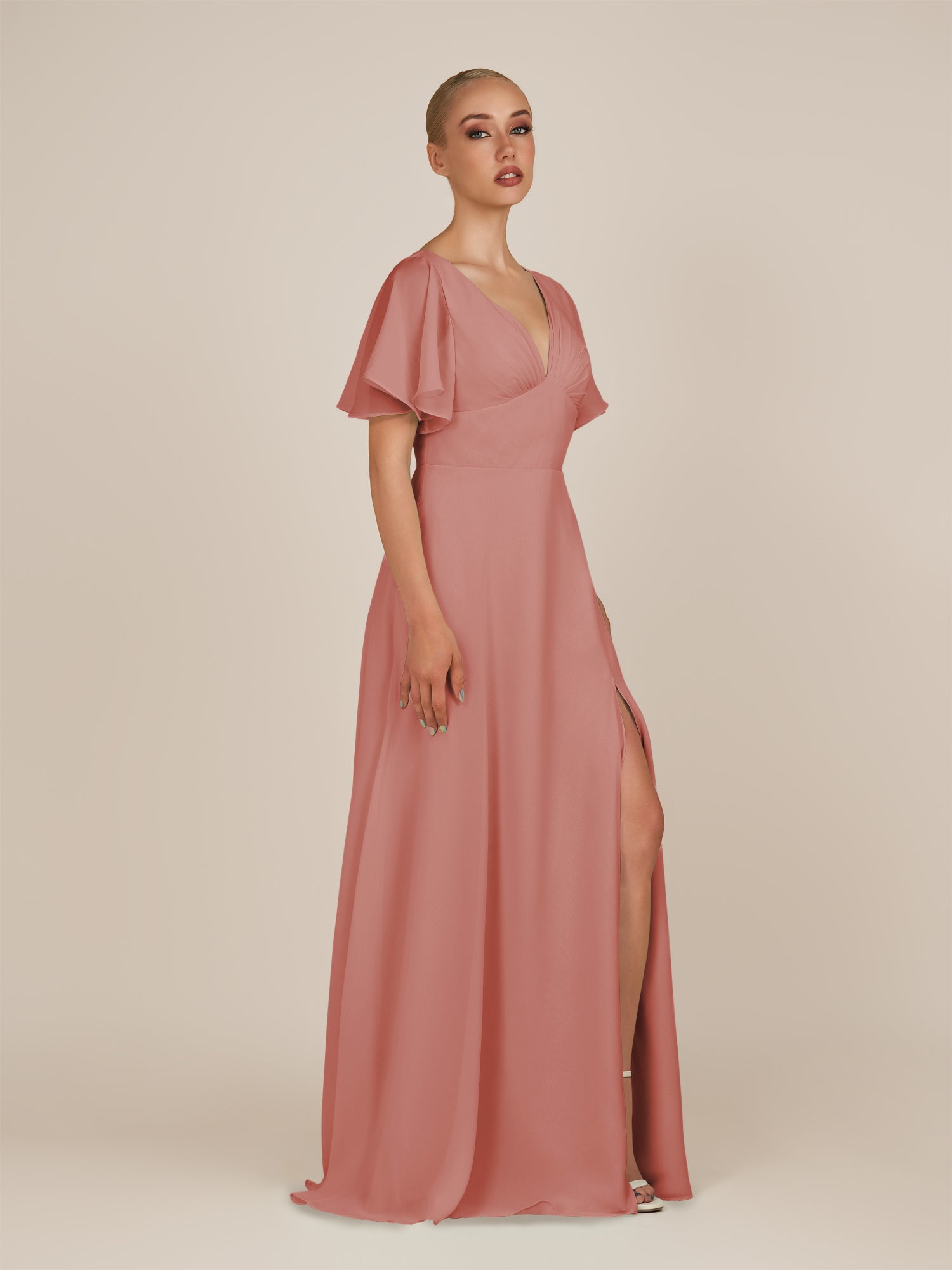 KissDress-Zorina Mulberry Sheath Chiffon Cap Sleeves V Neck Long Bridesmaid Dress with Slit