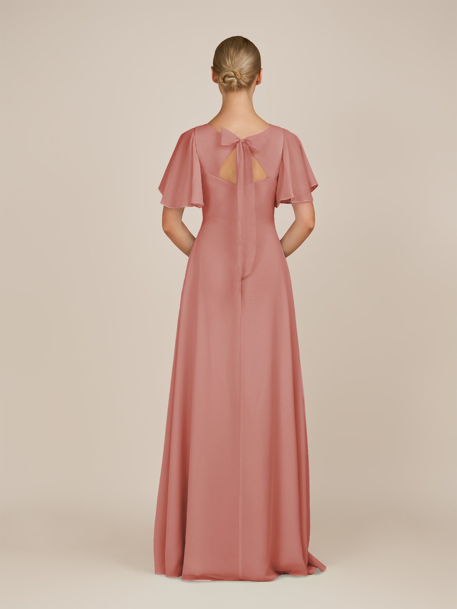 KissDress-Zorina Mulberry Sheath Chiffon Cap Sleeves V Neck Long Bridesmaid Dress with Slit