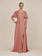 KissDress-Zorina Mulberry Sheath Chiffon Cap Sleeves V Neck Long Bridesmaid Dress with Slit