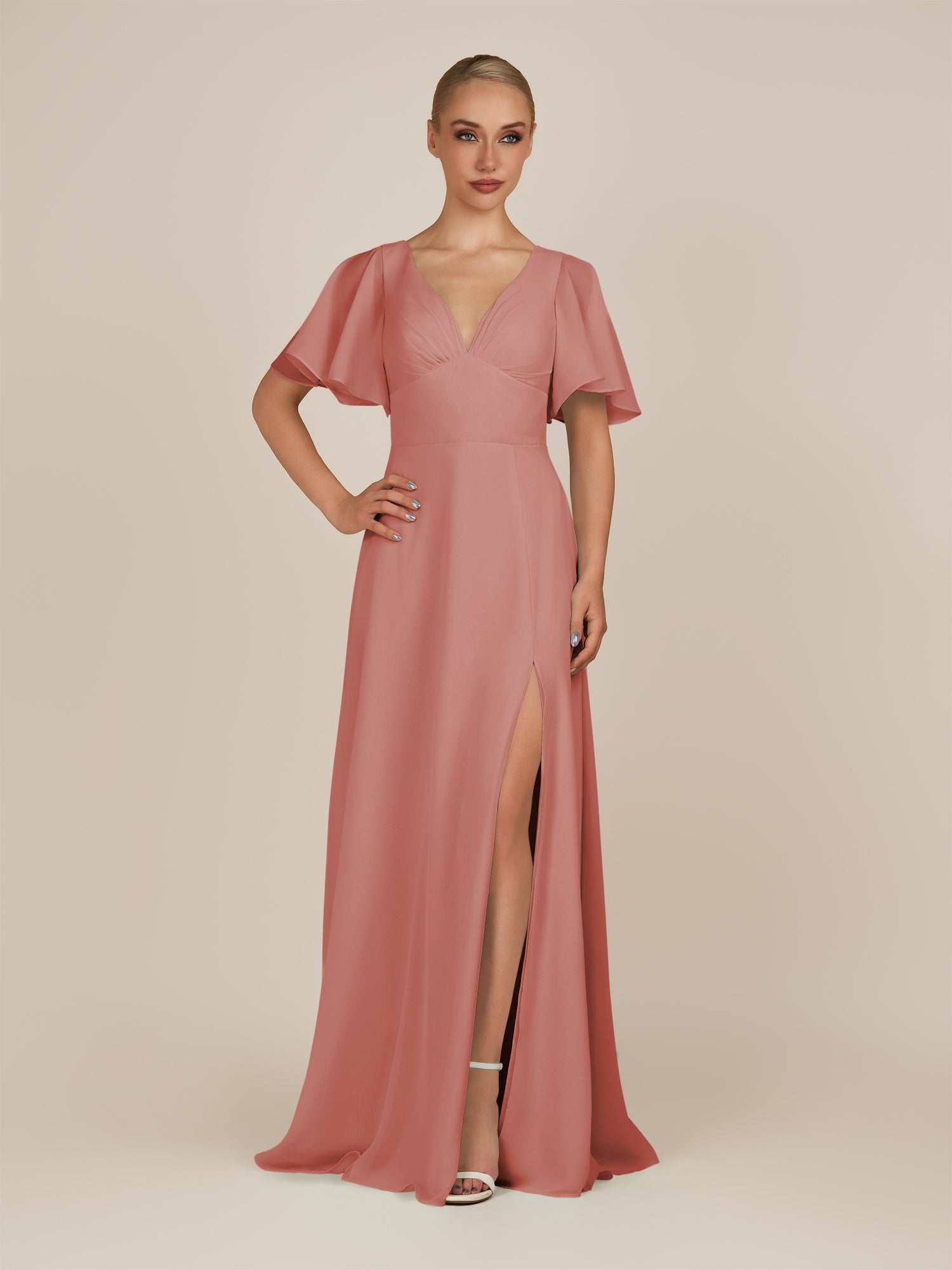 KissDress-Zorina Mulberry Sheath Chiffon Cap Sleeves V Neck Long Bridesmaid Dress with Slit