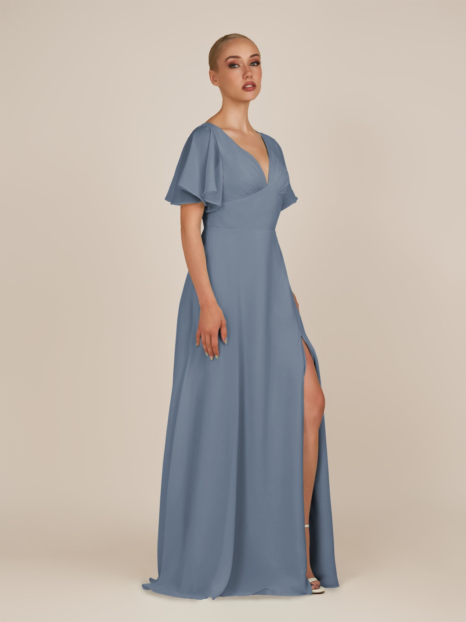 KissDress-Zorina Neptune Sheath Chiffon Cap Sleeves V Neck Long Bridesmaid Dress with Slit