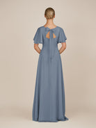 KissDress-Zorina Neptune Sheath Chiffon Cap Sleeves V Neck Long Bridesmaid Dress with Slit