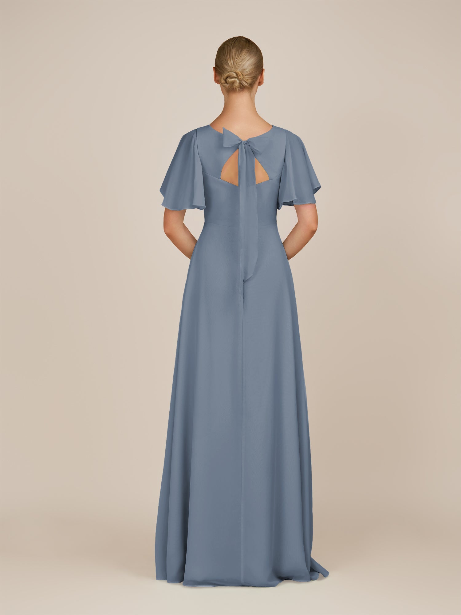 KissDress-Zorina Neptune Sheath Chiffon Cap Sleeves V Neck Long Bridesmaid Dress with Slit