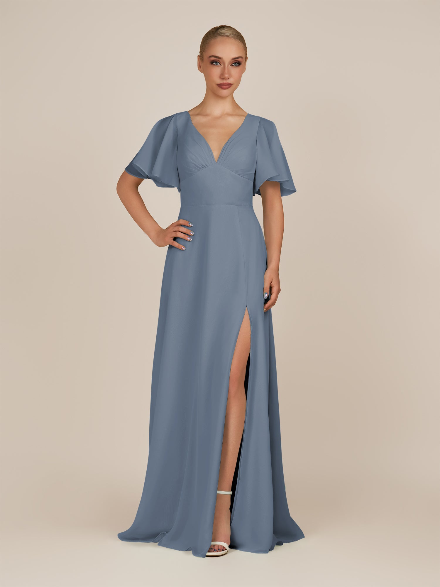 KissDress-Zorina Neptune Sheath Chiffon Cap Sleeves V Neck Long Bridesmaid Dress with Slit