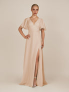 KissDress-Zorina Pale Blush Sheath Chiffon Cap Sleeves V Neck Long Bridesmaid Dress with Slit