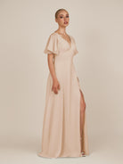 KissDress-Zorina Pale Blush Sheath Chiffon Cap Sleeves V Neck Long Bridesmaid Dress with Slit