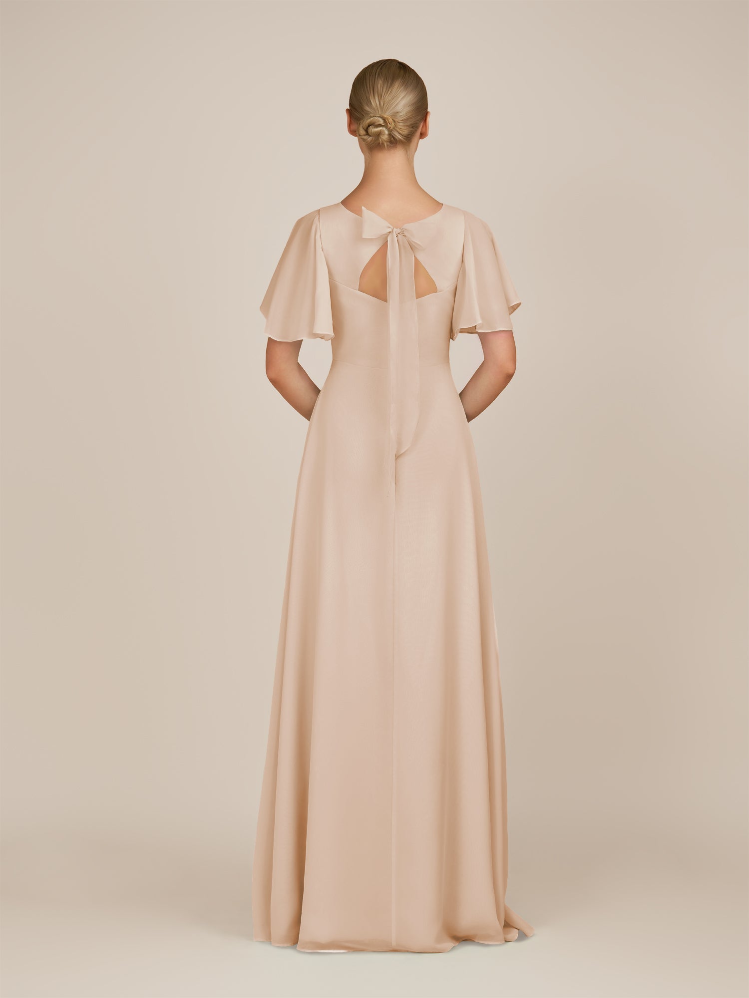 KissDress-Zorina Pale Blush Sheath Chiffon Cap Sleeves V Neck Long Bridesmaid Dress with Slit