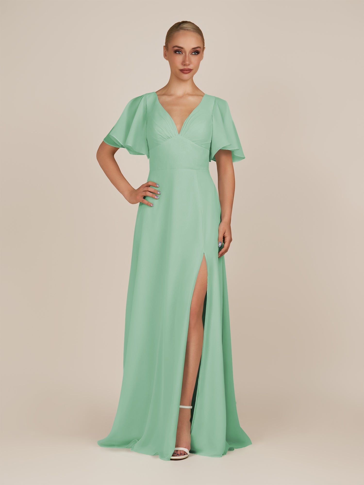 KissDress-Zorina Pale Pistachio Sheath Chiffon Cap Sleeves V Neck Long Bridesmaid Dress with Slit