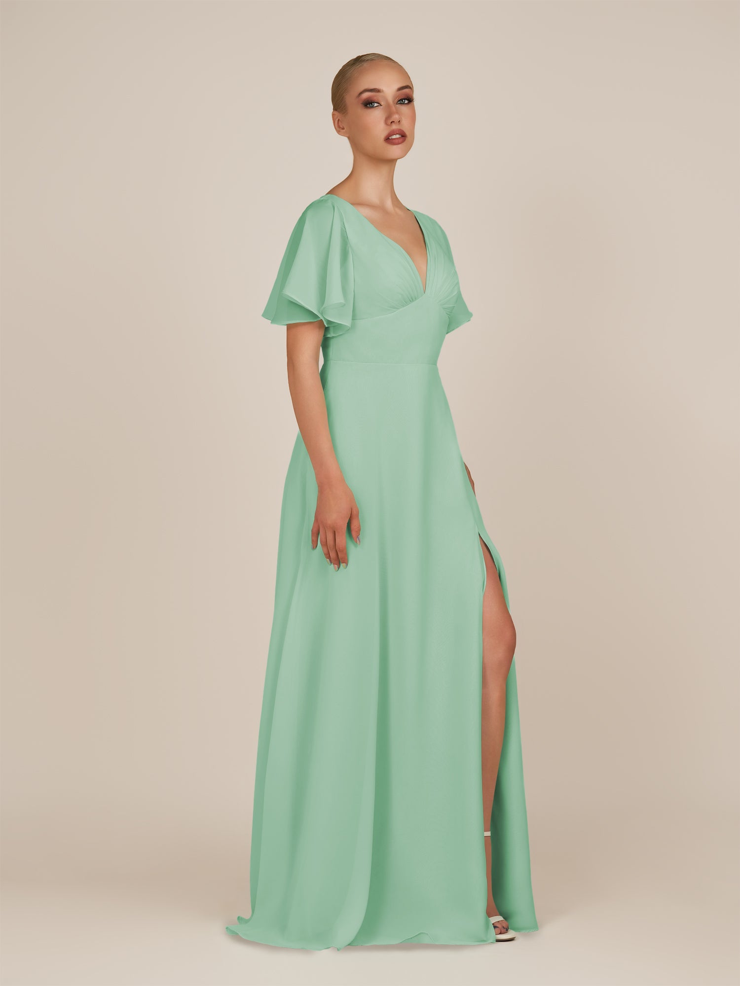 KissDress-Zorina Pale Pistachio Sheath Chiffon Cap Sleeves V Neck Long Bridesmaid Dress with Slit