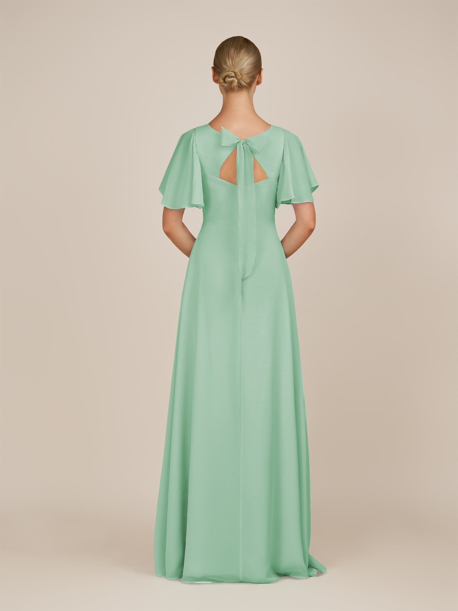 KissDress-Zorina Pale Pistachio Sheath Chiffon Cap Sleeves V Neck Long Bridesmaid Dress with Slit