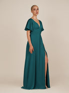 KissDress-Zorina Pine Sheath Chiffon Cap Sleeves V Neck Long Bridesmaid Dress with Slit