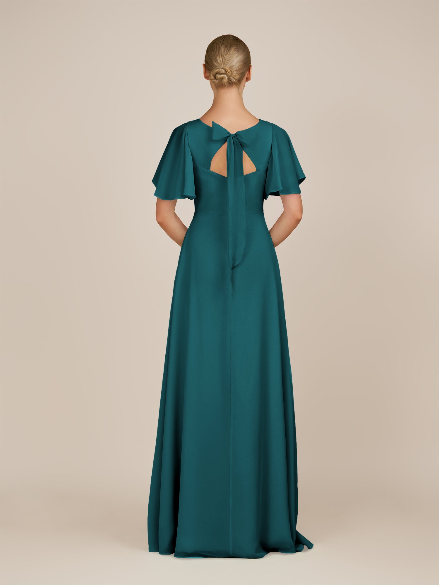 KissDress-Zorina Pine Sheath Chiffon Cap Sleeves V Neck Long Bridesmaid Dress with Slit