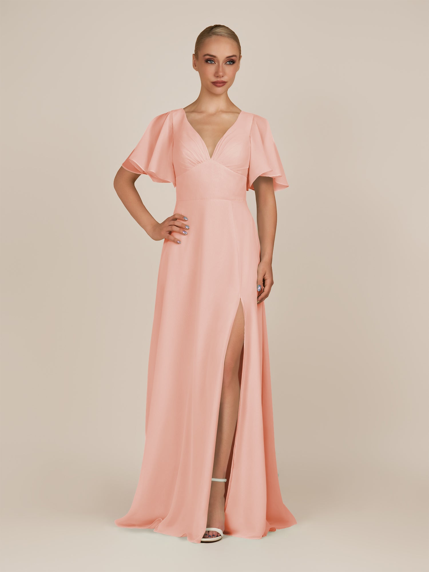KissDress-Zorina Rose Petal Sheath Chiffon Cap Sleeves V Neck Long Bridesmaid Dress with Slit