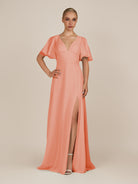 KissDress-Zorina Rosette Sheath Chiffon Cap Sleeves V Neck Long Bridesmaid Dress with Slit