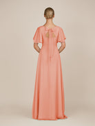 KissDress-Zorina Rosette Sheath Chiffon Cap Sleeves V Neck Long Bridesmaid Dress with Slit
