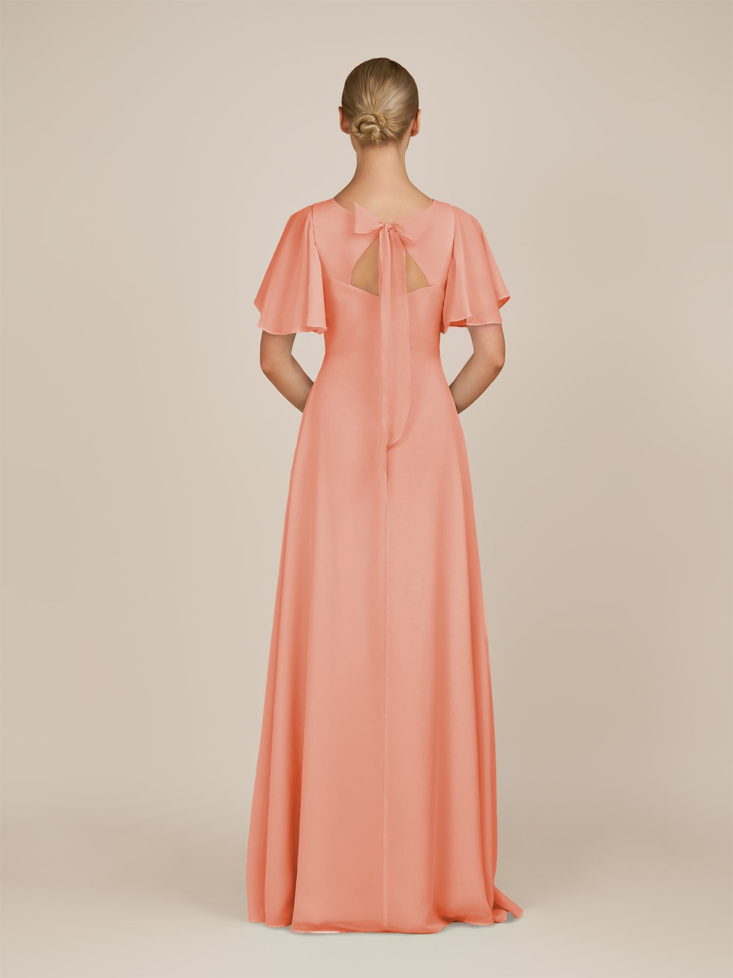 KissDress-Zorina Rosette Sheath Chiffon Cap Sleeves V Neck Long Bridesmaid Dress with Slit