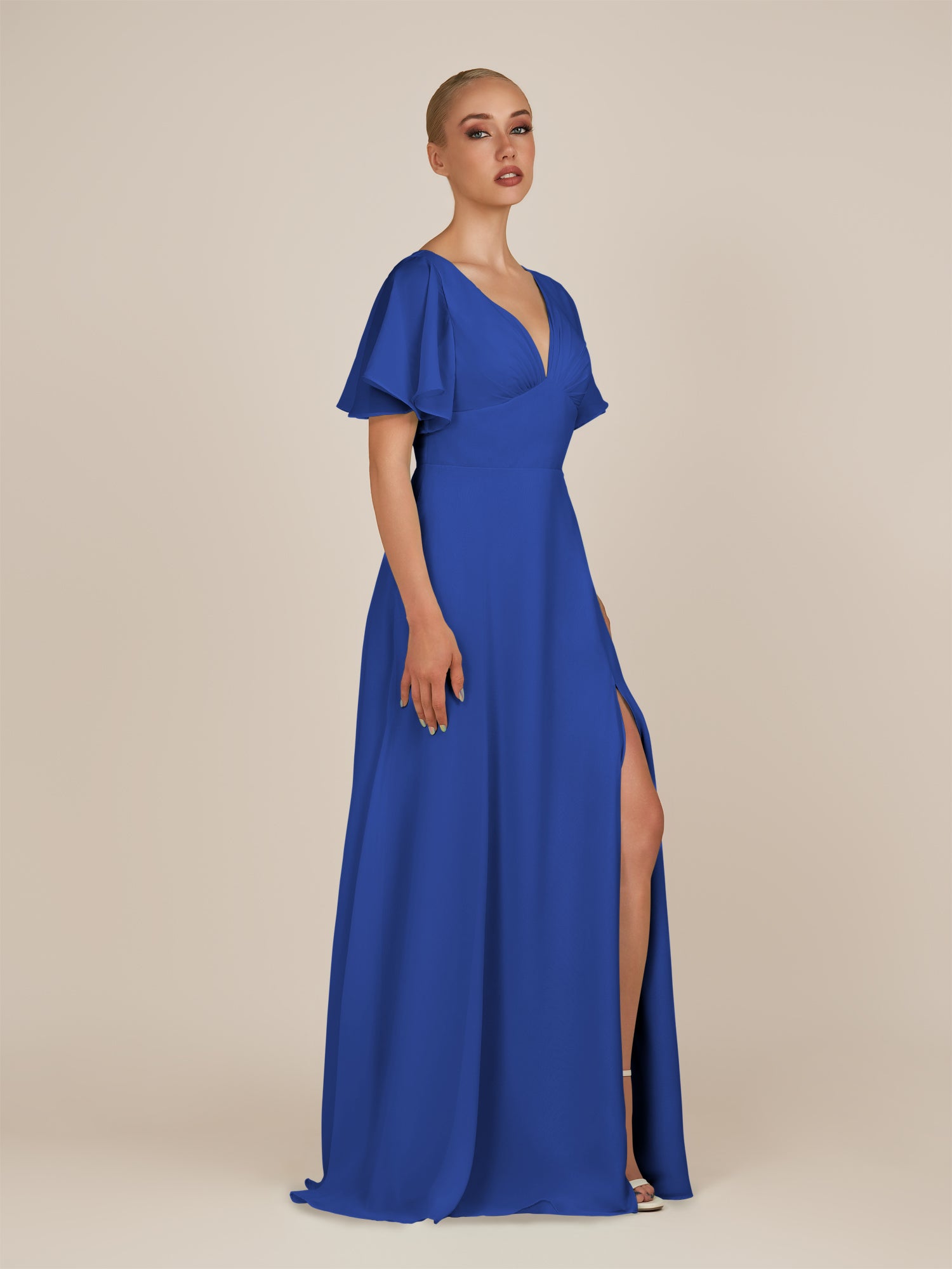 KissDress-Zorina Royal Blue Sheath Chiffon Cap Sleeves V Neck Long Bridesmaid Dress with Slit