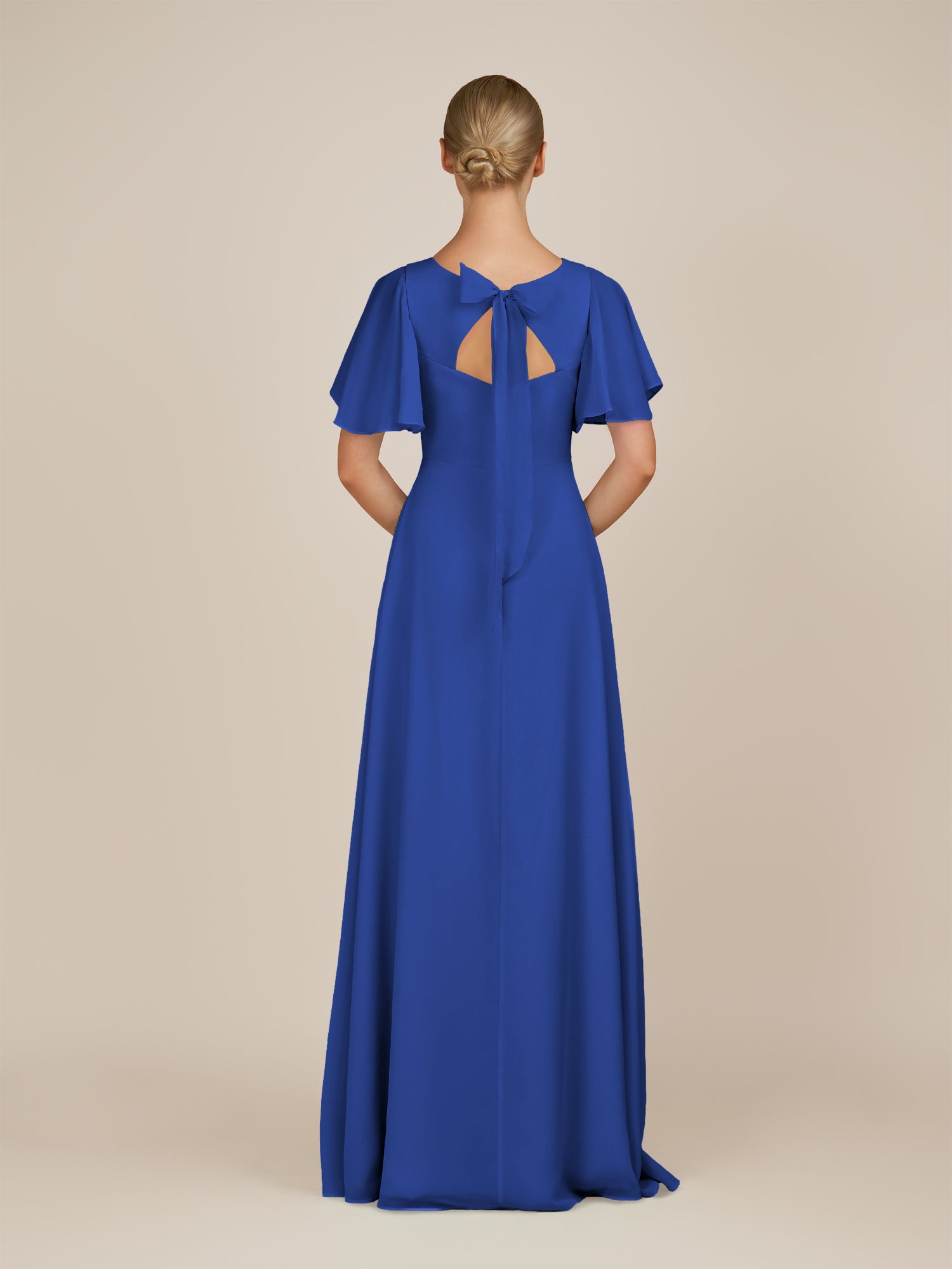 KissDress-Zorina Royal Blue Sheath Chiffon Cap Sleeves V Neck Long Bridesmaid Dress with Slit