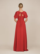KissDress-Zorina Ruby Red Sheath Chiffon Cap Sleeves V Neck Long Bridesmaid Dress with Slit