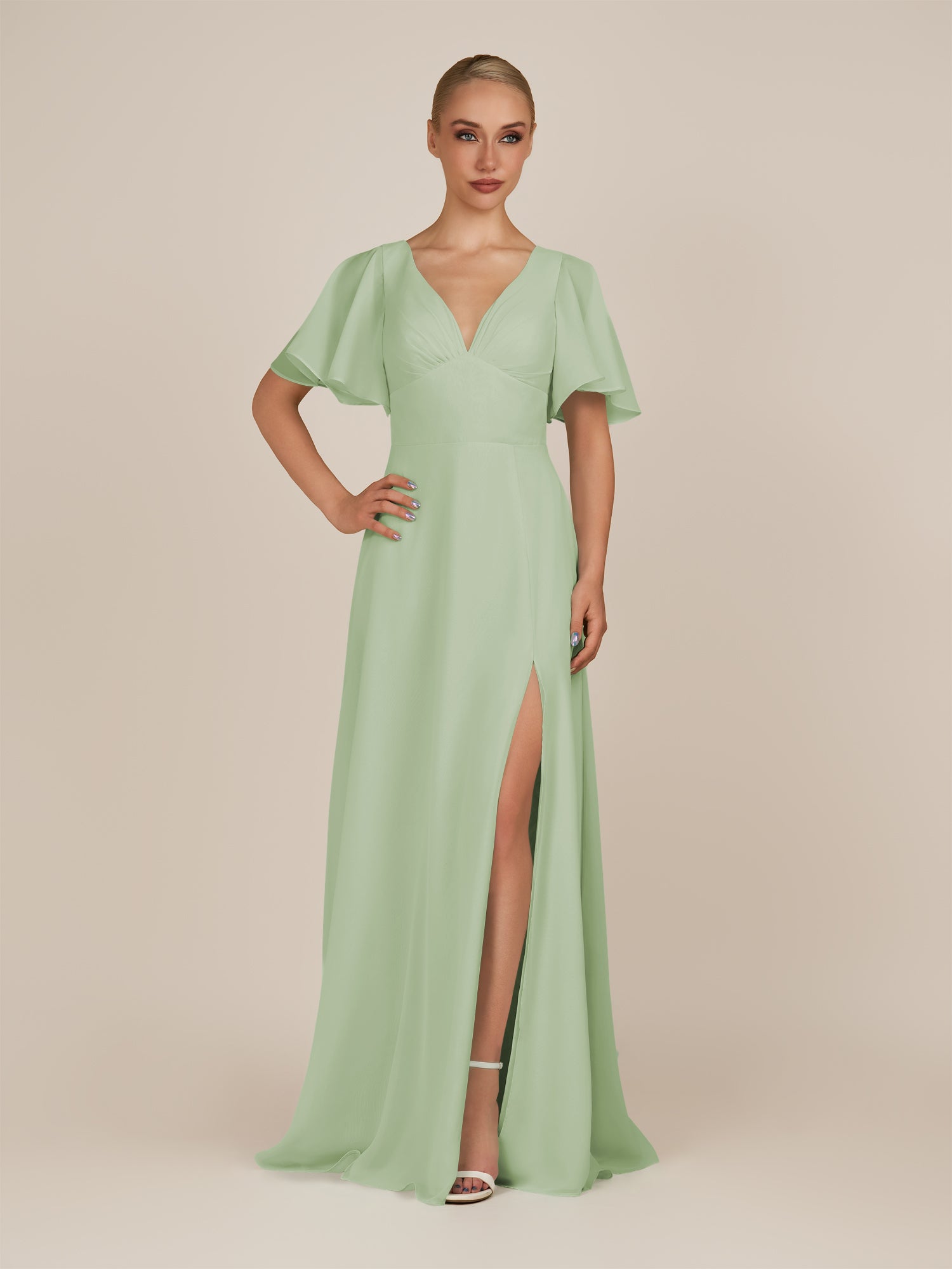 KissDress-Zorina Sage Sheath Chiffon Cap Sleeves V Neck Long Bridesmaid Dress with Slit