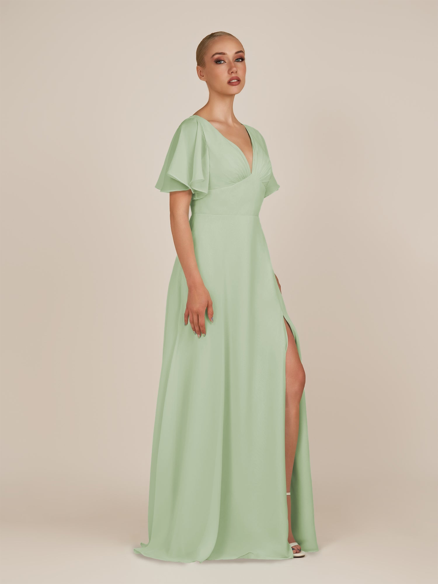 KissDress-Zorina Sage Sheath Chiffon Cap Sleeves V Neck Long Bridesmaid Dress with Slit