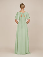 KissDress-Zorina Sage Sheath Chiffon Cap Sleeves V Neck Long Bridesmaid Dress with Slit