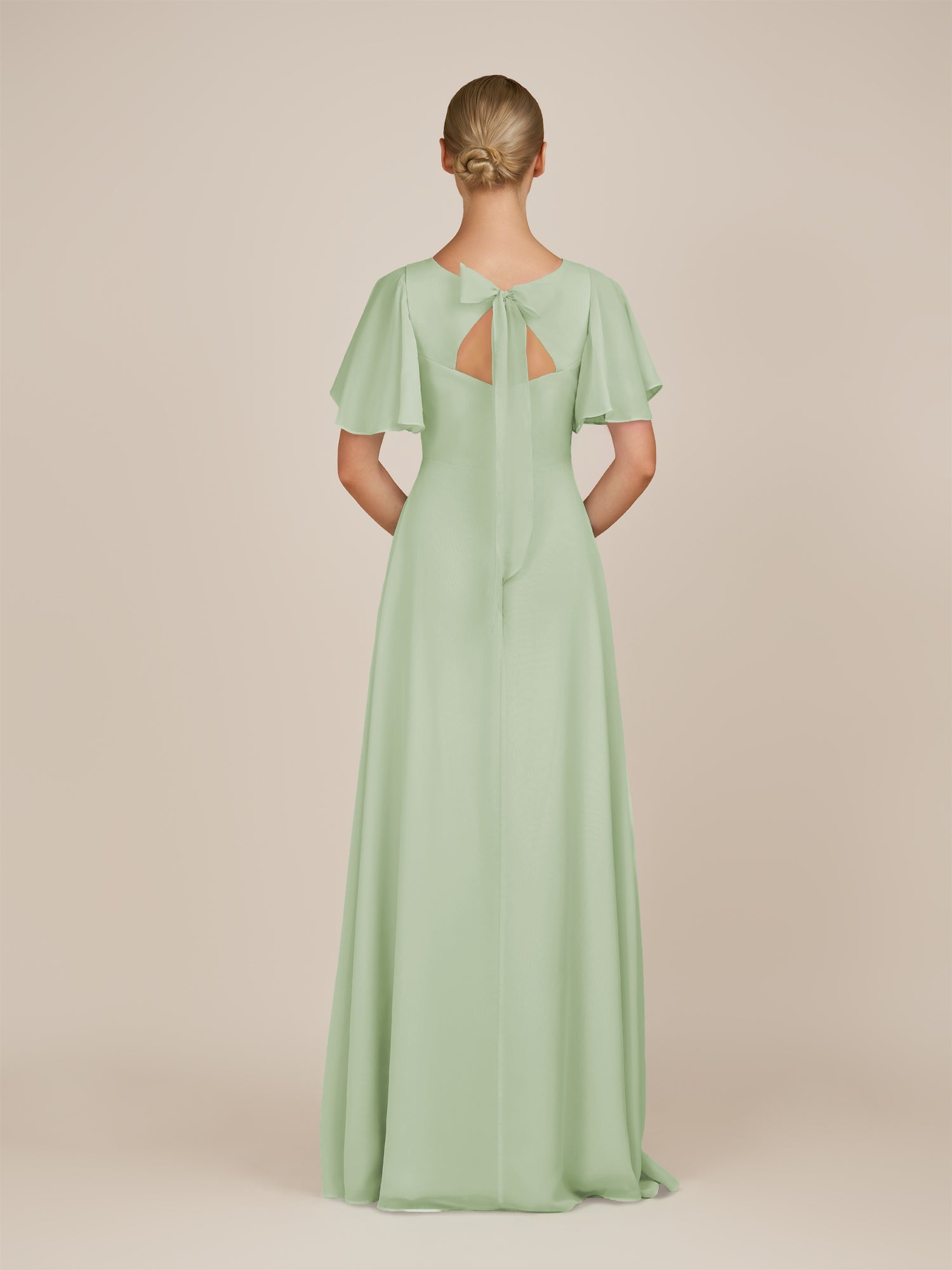 KissDress-Zorina Sage Sheath Chiffon Cap Sleeves V Neck Long Bridesmaid Dress with Slit