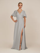 KissDress-Zorina Silver Sheath Chiffon Cap Sleeves V Neck Long Bridesmaid Dress with Slit