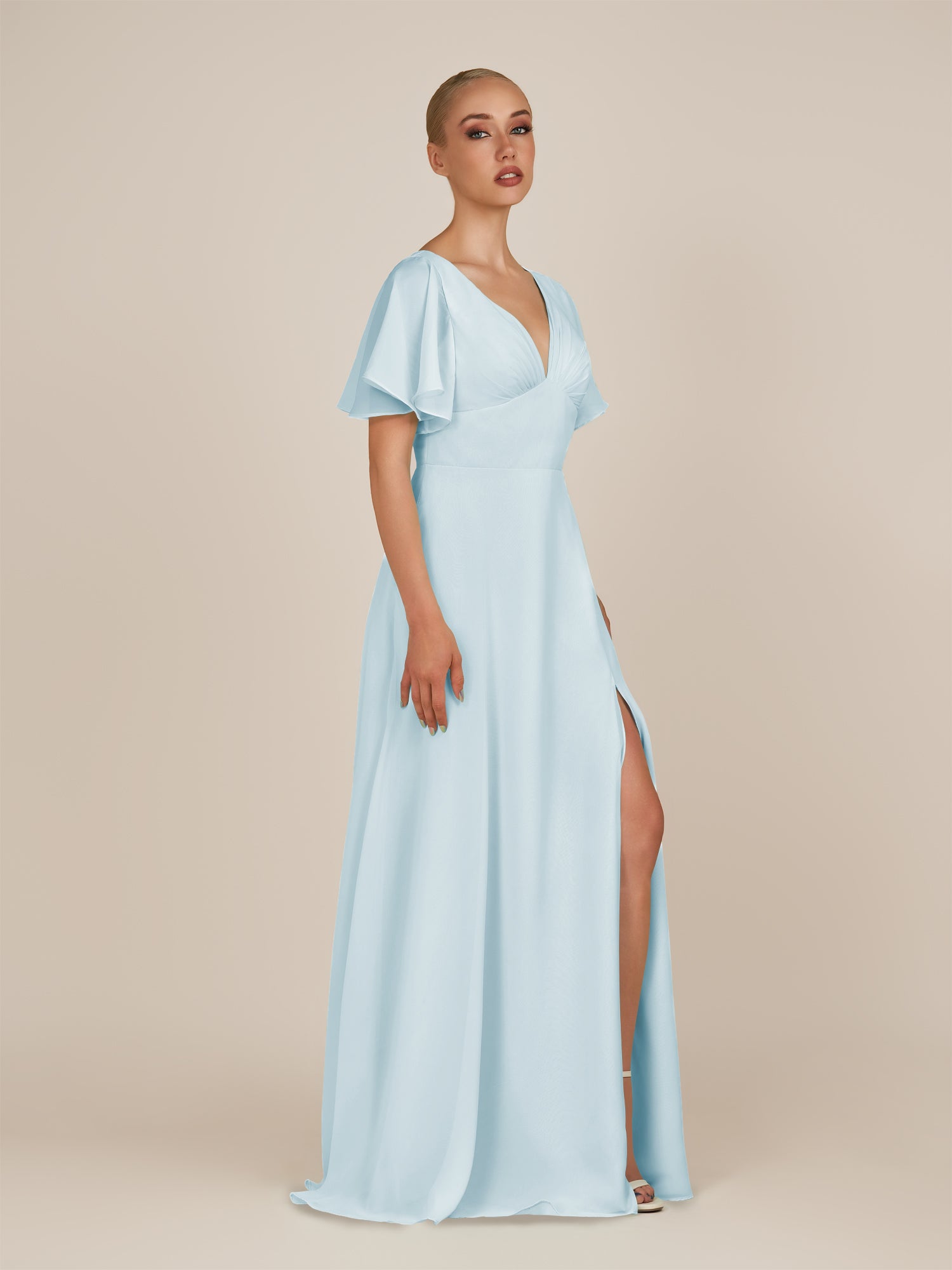 KissDress-Zorina Sky Blue Sheath Chiffon Cap Sleeves V Neck Long Bridesmaid Dress with Slit
