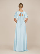 KissDress-Zorina Sky Blue Sheath Chiffon Cap Sleeves V Neck Long Bridesmaid Dress with Slit