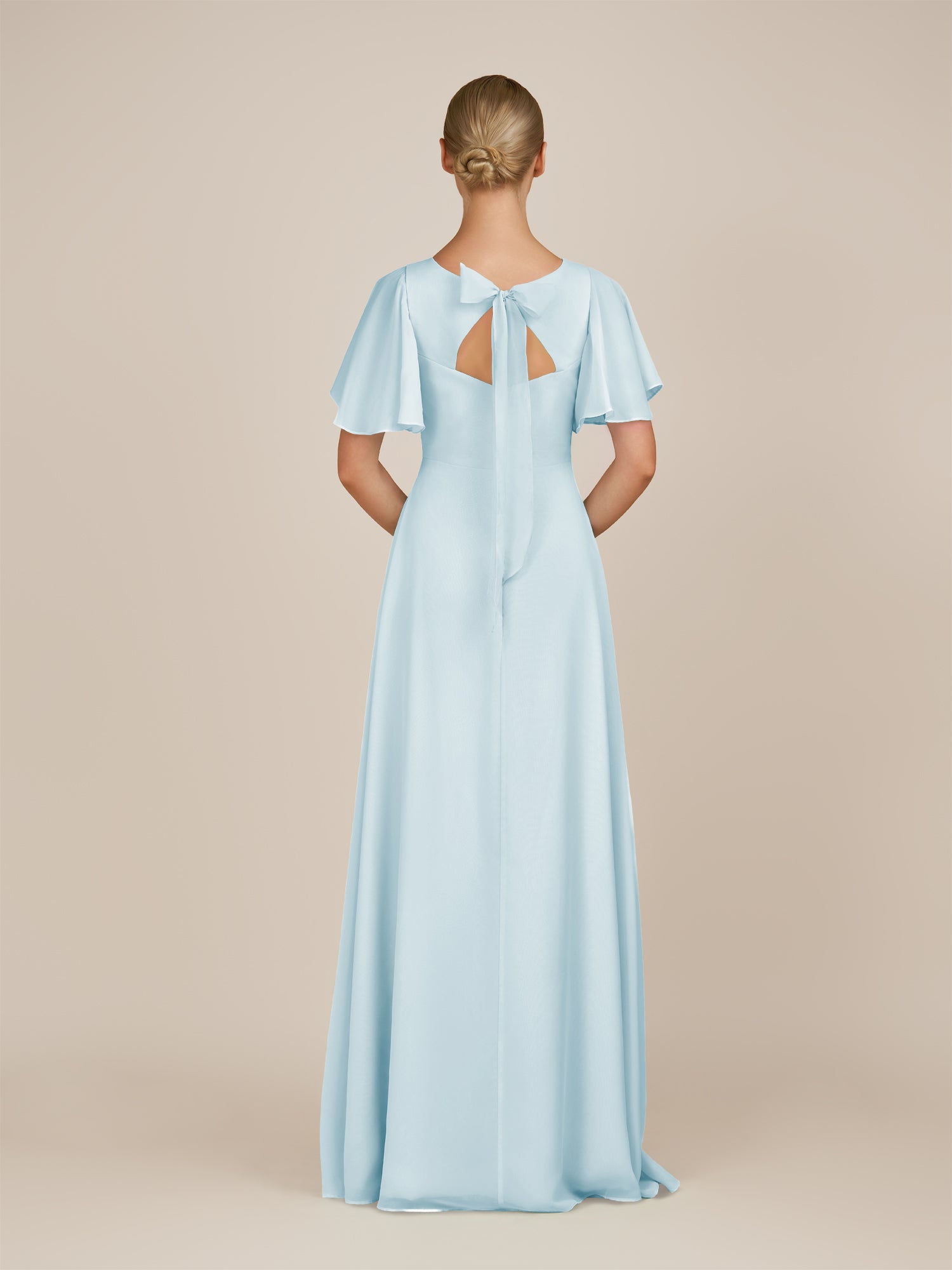 KissDress-Zorina Sky Blue Sheath Chiffon Cap Sleeves V Neck Long Bridesmaid Dress with Slit