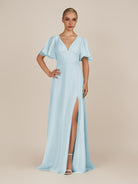 KissDress-Zorina Sky Blue Sheath Chiffon Cap Sleeves V Neck Long Bridesmaid Dress with Slit