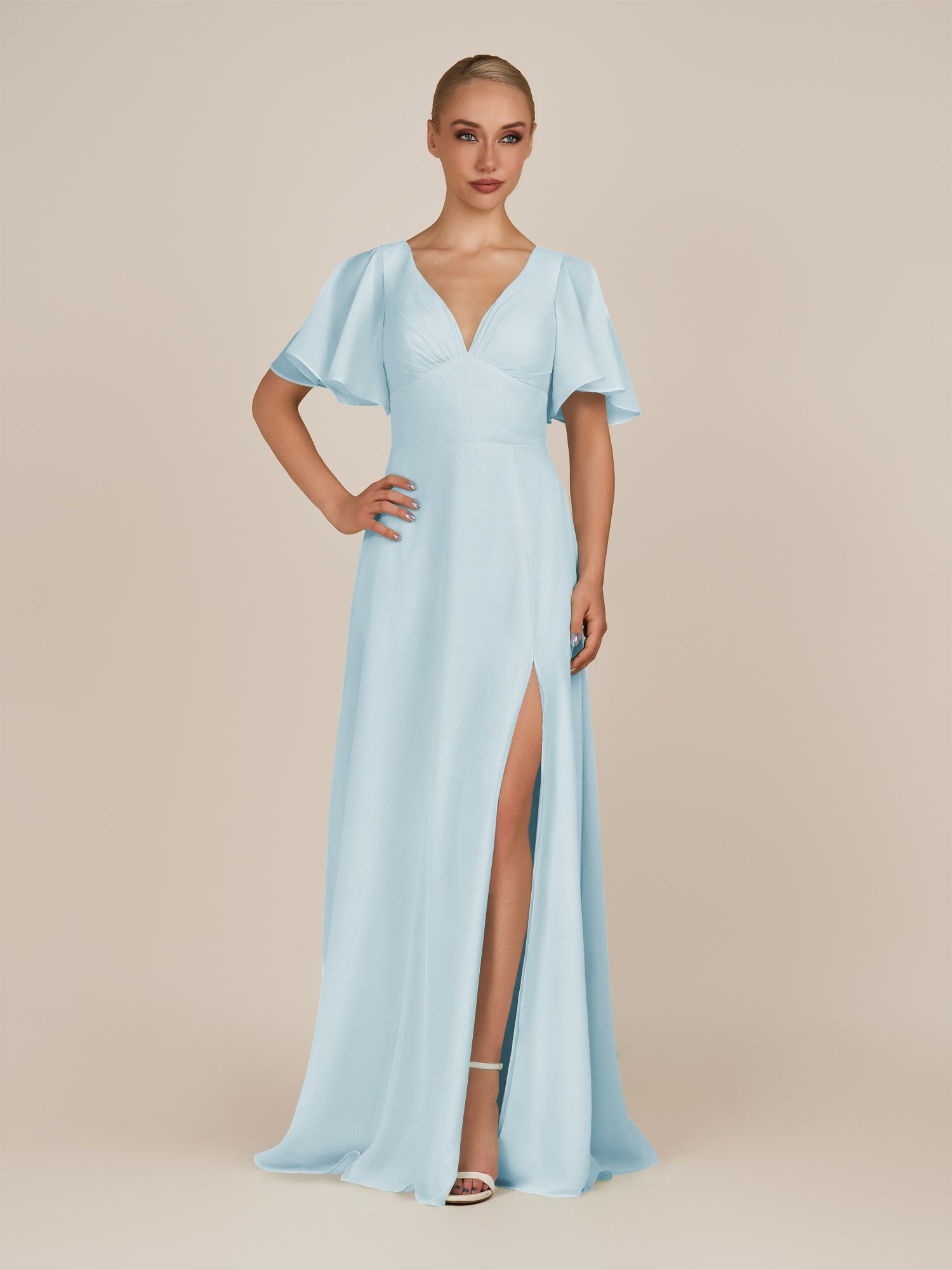 KissDress-Zorina Sky Blue Sheath Chiffon Cap Sleeves V Neck Long Bridesmaid Dress with Slit