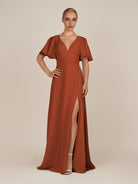 KissDress-Zorina Spice Sheath Chiffon Cap Sleeves V Neck Long Bridesmaid Dress with Slit