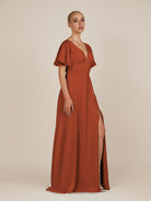KissDress-Zorina Spice Sheath Chiffon Cap Sleeves V Neck Long Bridesmaid Dress with Slit