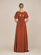 KissDress-Zorina Spice Sheath Chiffon Cap Sleeves V Neck Long Bridesmaid Dress with Slit