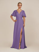 KissDress-Zorina Tahiti Sheath Chiffon Cap Sleeves V Neck Long Bridesmaid Dress with Slit