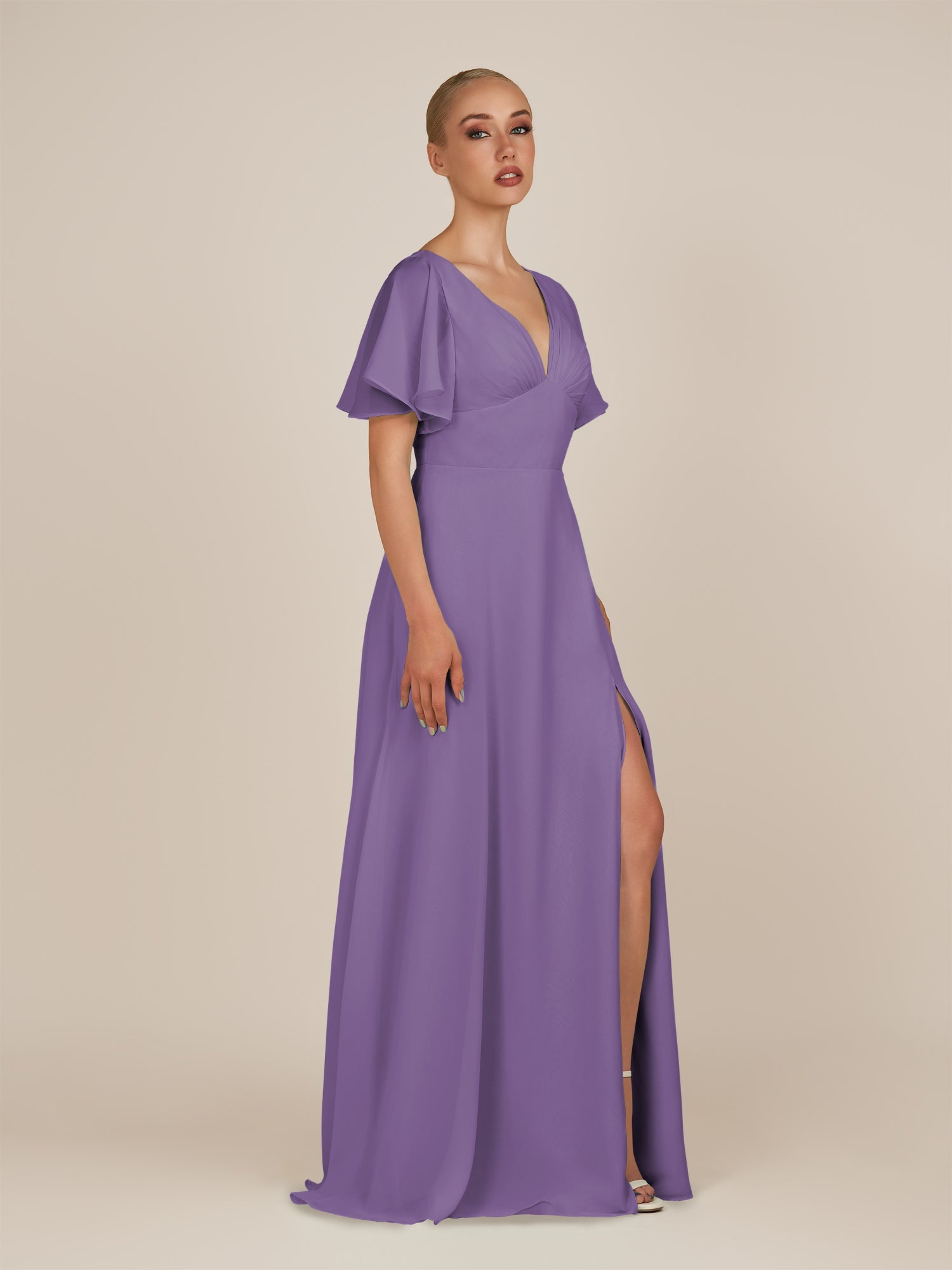 KissDress-Zorina Tahiti Sheath Chiffon Cap Sleeves V Neck Long Bridesmaid Dress with Slit