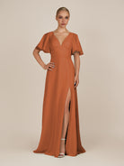 KissDress-Zorina Terracotta Sheath Chiffon Cap Sleeves V Neck Long Bridesmaid Dress with Slit