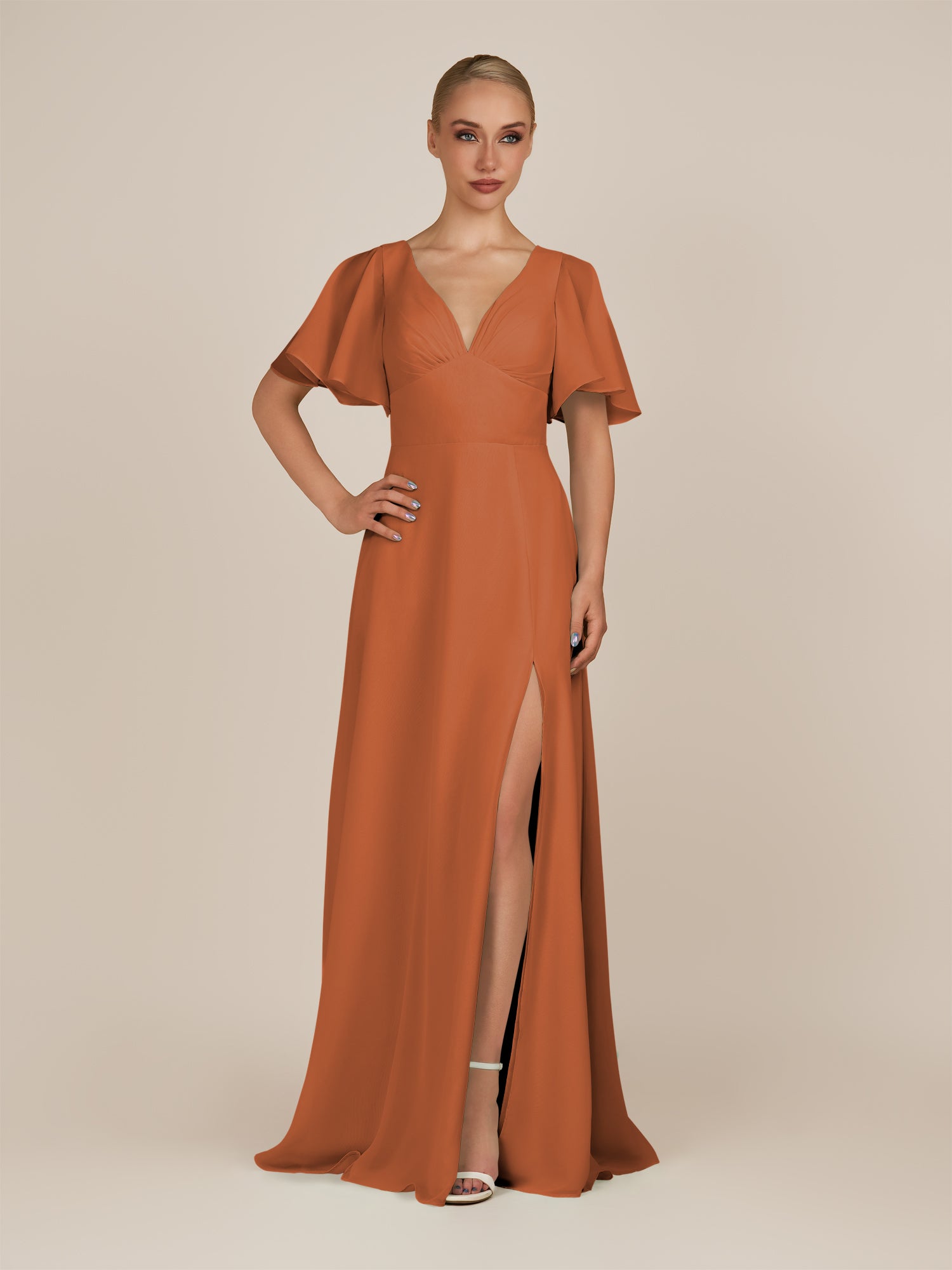KissDress-Zorina Terracotta Sheath Chiffon Cap Sleeves V Neck Long Bridesmaid Dress with Slit