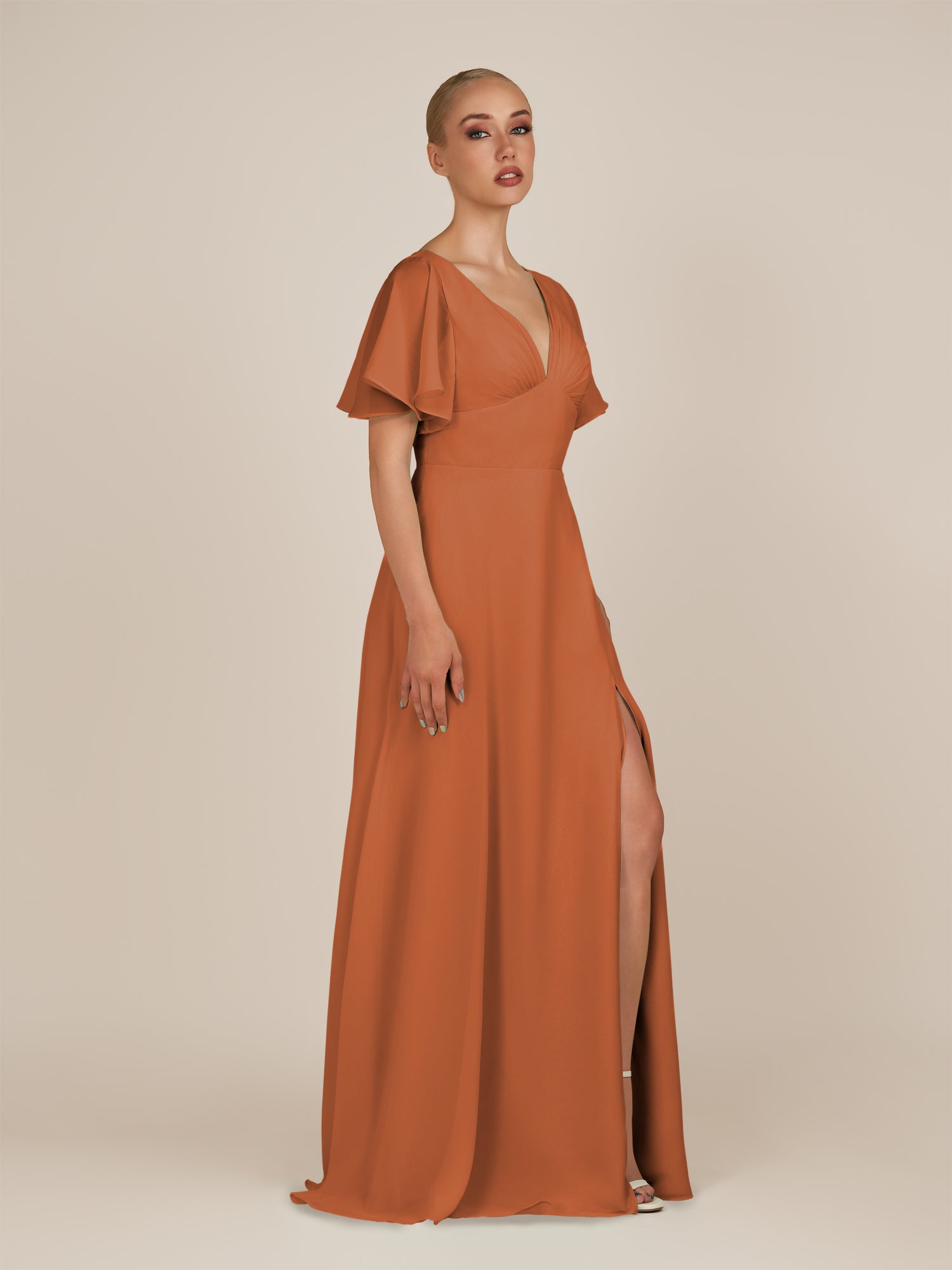 KissDress-Zorina Terracotta Sheath Chiffon Cap Sleeves V Neck Long Bridesmaid Dress with Slit