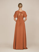 KissDress-Zorina Terracotta Sheath Chiffon Cap Sleeves V Neck Long Bridesmaid Dress with Slit