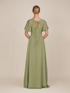 KissDress-Zorina Thyme Sheath Chiffon Cap Sleeves V Neck Long Bridesmaid Dress with Slit