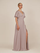 KissDress-Zorina Toffee Sheath Chiffon Cap Sleeves V Neck Long Bridesmaid Dress with Slit