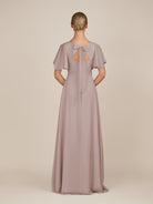 KissDress-Zorina Toffee Sheath Chiffon Cap Sleeves V Neck Long Bridesmaid Dress with Slit