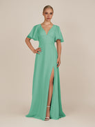 KissDress-Zorina Turquoise Sheath Chiffon Cap Sleeves V Neck Long Bridesmaid Dress with Slit