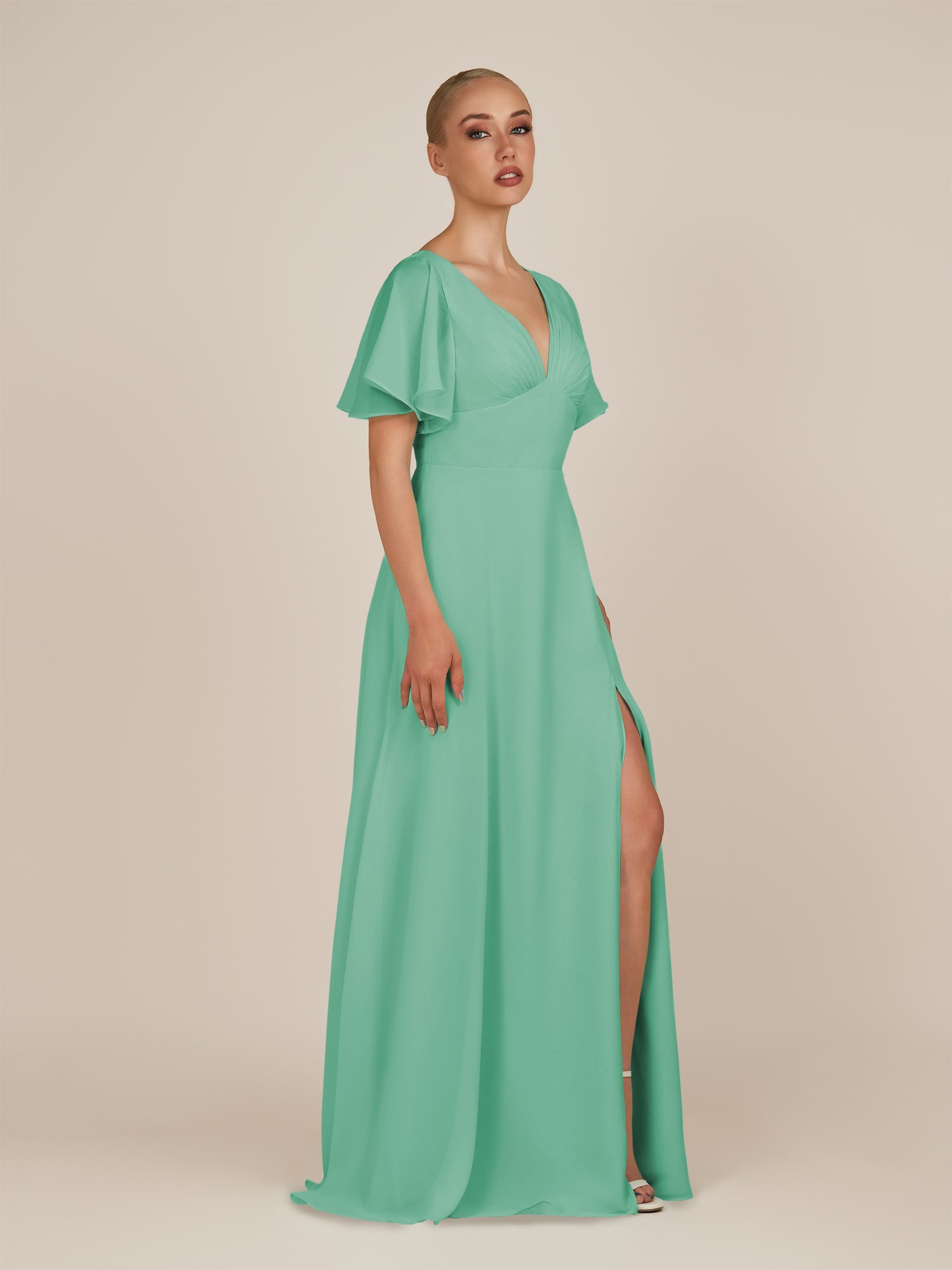 KissDress-Zorina Turquoise Sheath Chiffon Cap Sleeves V Neck Long Bridesmaid Dress with Slit