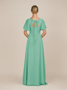 KissDress-Zorina Turquoise Sheath Chiffon Cap Sleeves V Neck Long Bridesmaid Dress with Slit