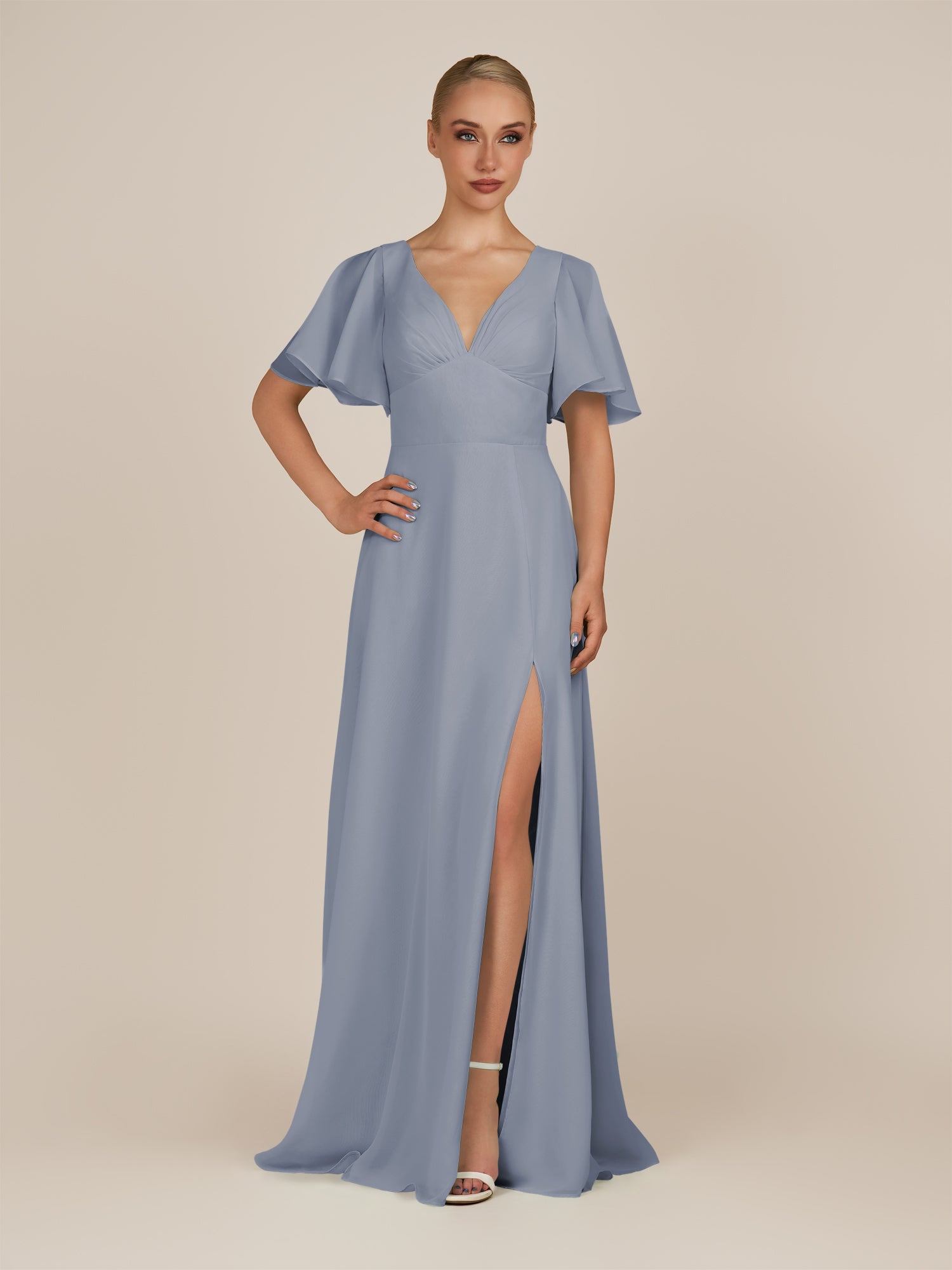 KissDress-Zorina Twilight Sheath Chiffon Cap Sleeves V Neck Long Bridesmaid Dress with Slit
